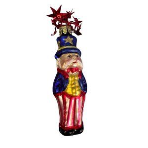 German Blown Glass Christmas Ornament Uncle Sam Red White Blue 4 1/2 Inch